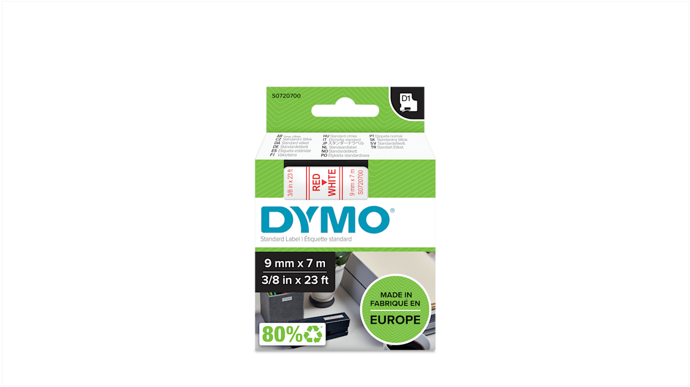 Dymo Red on White Label Printer Tape, 7 m Length, 9 mm Width