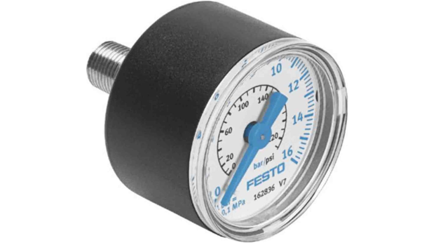 Festo Analogue Pressure Gauge 16bar Back Entry, FMA-40-16-1/4-EN, 0bar min., 159597