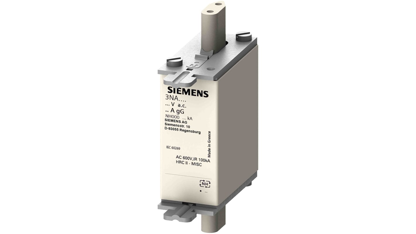 Fusibile con linguette centrate, Siemens, 35A, fusibile NH000 con velocità F, standard IEC 60269, cat. gG 690V ca