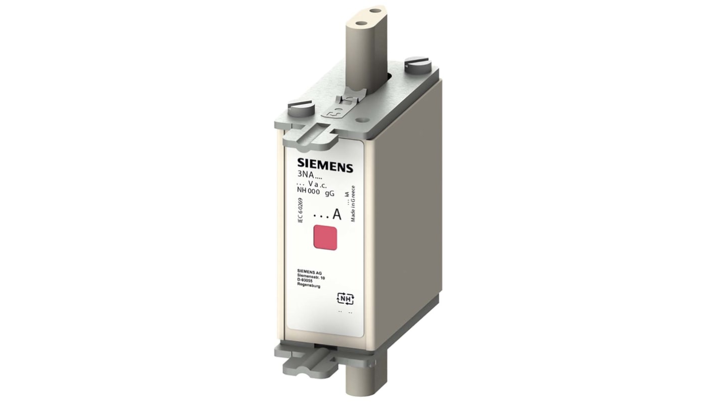 Fusibile con linguette centrate, Siemens, 10A, fusibile NH000 con velocità F, standard IEC 60269, cat. gG 500V ca