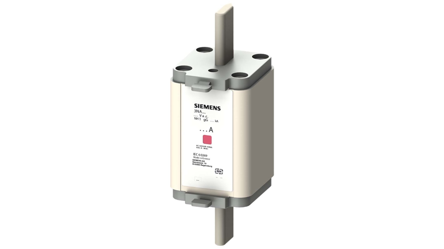 Fusibile con linguette centrate, Siemens, 63A, fusibile NH1 con velocità F, standard IEC 60269, cat. gG 500V ca