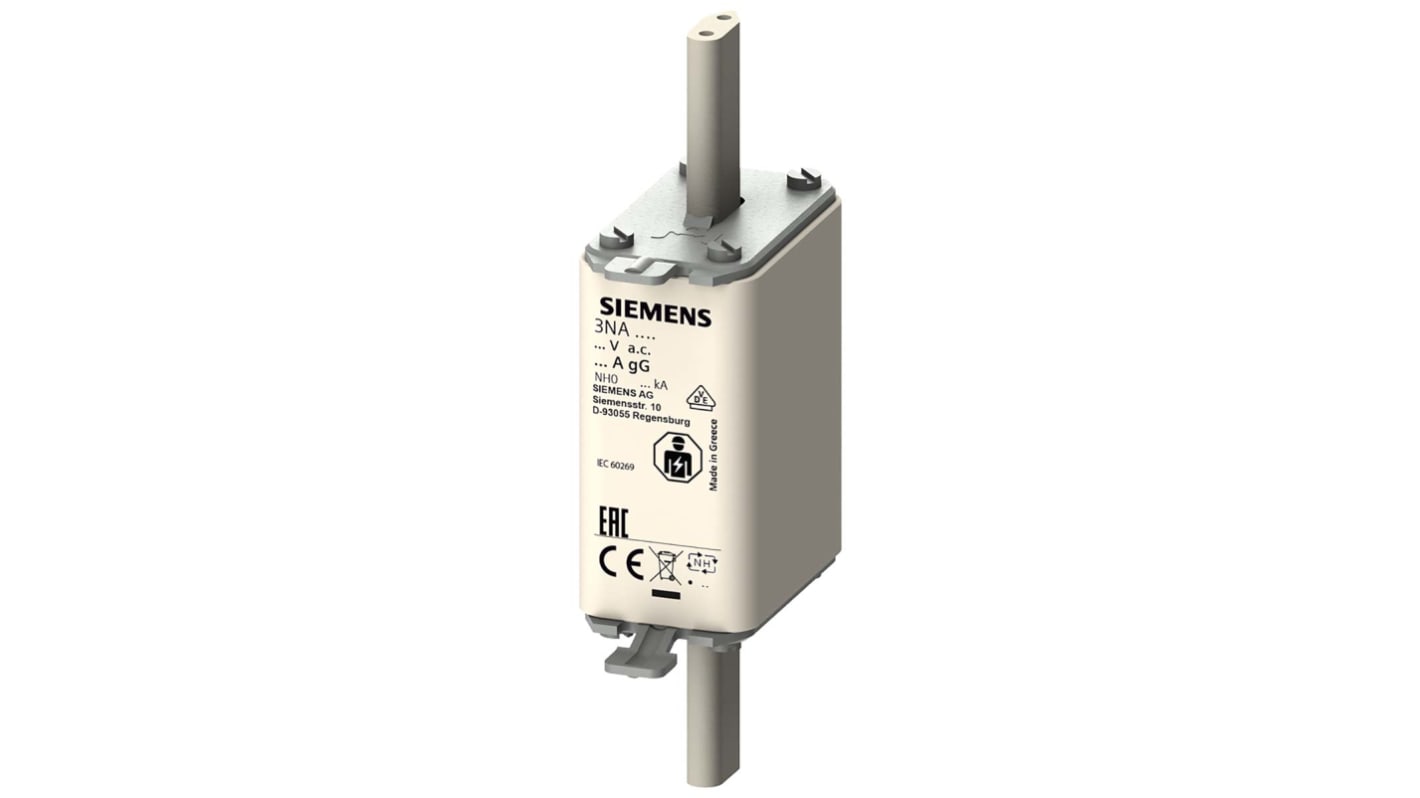 Fusibile con linguette centrate, Siemens, 35A, fusibile NH0 con velocità F, standard IEC 60269, cat. gG 500V ca