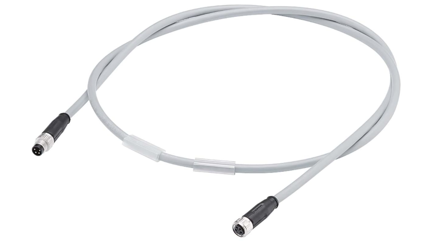 Cable de conexión Siemens, con. A M8 Macho, 4 polos, con. B M8 Hembra, 4 polos, long. 3m, 24 V dc, IP65, IP67