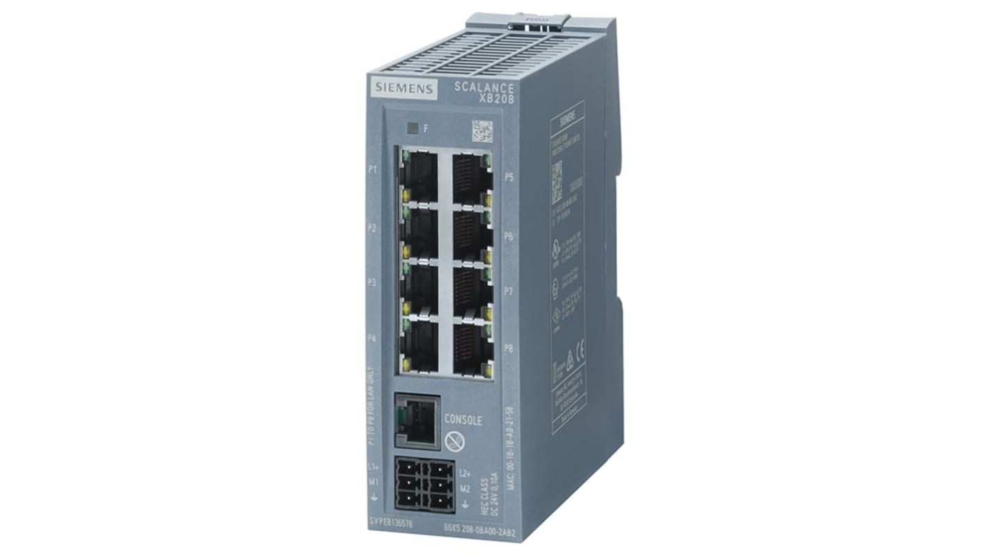 Siemens SCILANCE XB-200 Series DIN Rail Mount Ethernet Switch, 8 RJ45 Ports, 10/100Mbit/s Transmission, 24V dc