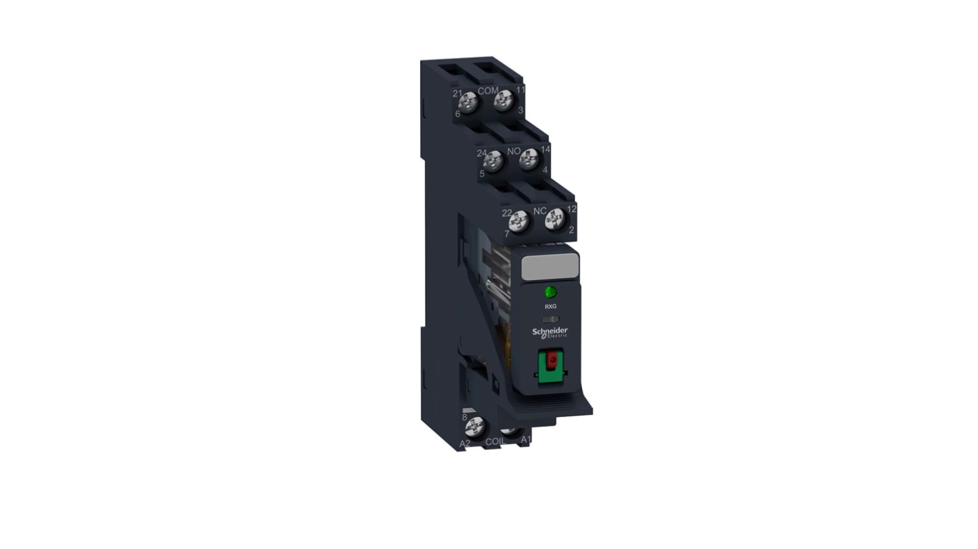 Relè d'interfaccia Schneider Electric serie Harmony Relay RXG, bobina 24V ca, Guida DIN, contatti DPDT