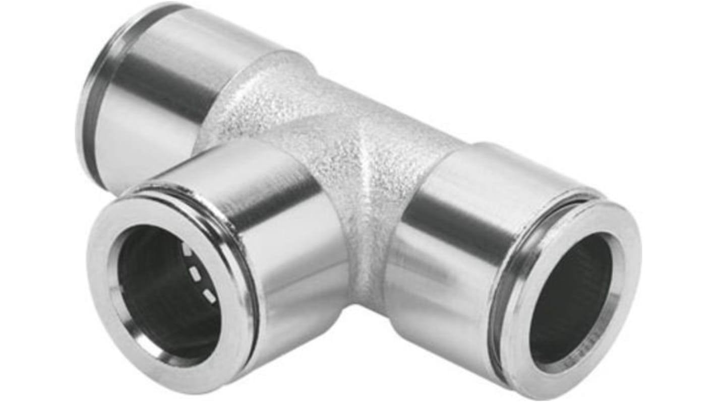 Festo NPQM-T-Q4-E-P10 Series Tee Tube-to-Tube Adaptor Push In 4 mm, Push In 4 mm, Tube-to-Tube Connection Style, 558786