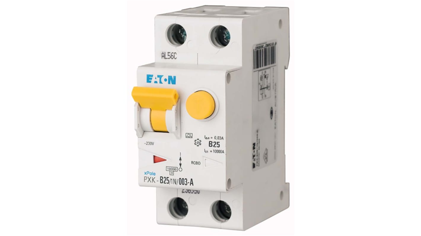 Eaton RCBO, 25A Current Rating, 1P+N Poles, 30mA Trip Sensitivity, Type A, Type C, PXK Range