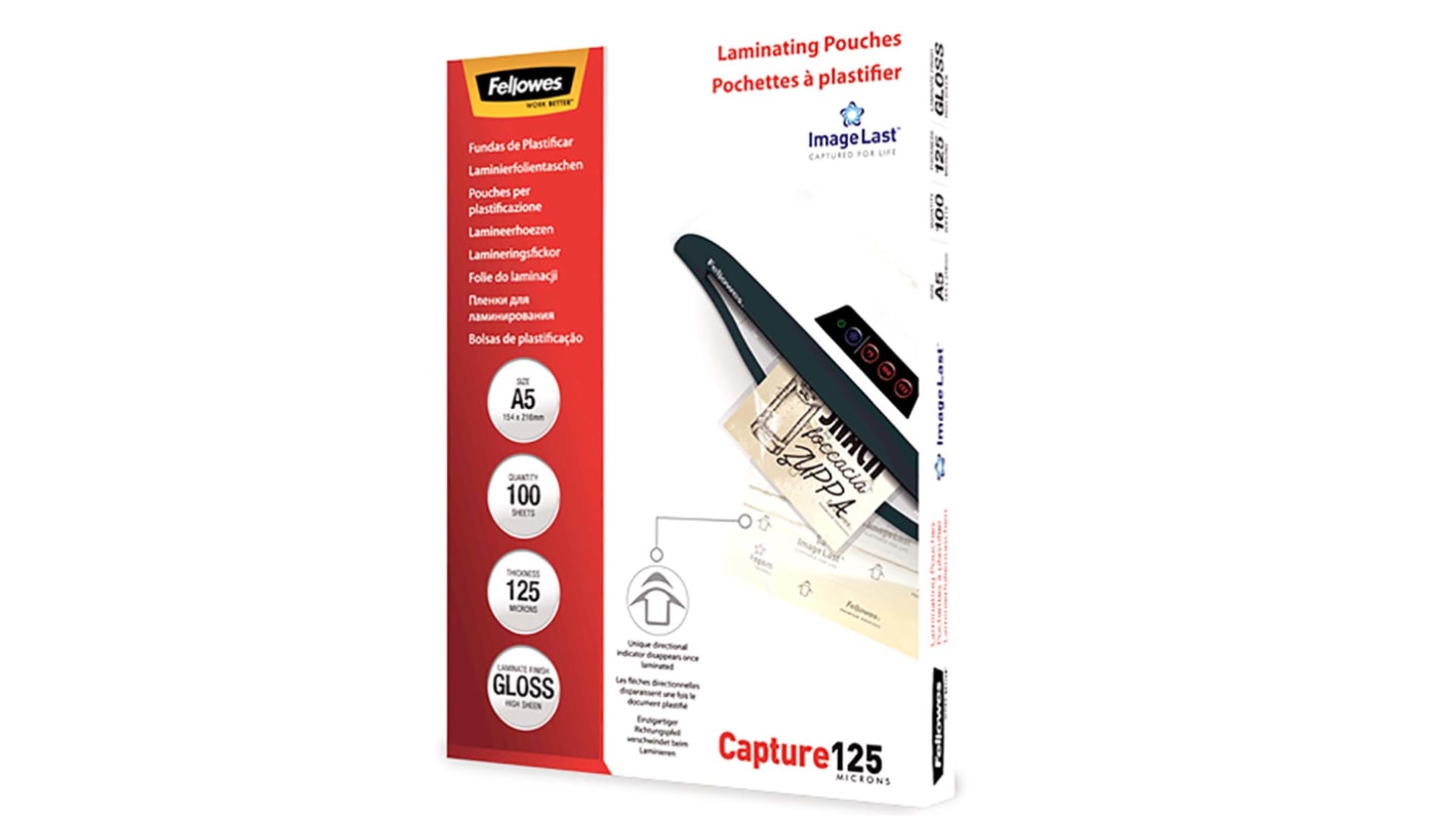 Fellowes A4 Glossy Laminator Pouches 125micron Thickness, 100 Pack Quantity