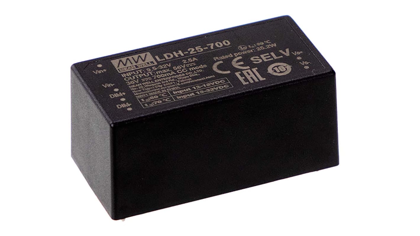 Driver LED corriente constante MEAN WELL LDH-25, IN: 9,5 → 32 V., OUT: 84V, 350mA, 25W, regulable