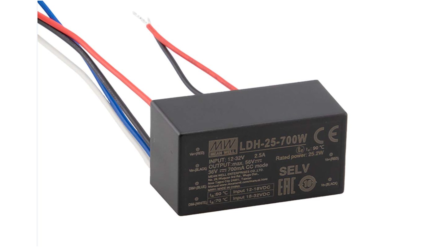 Driver LED corriente constante MEAN WELL LDH-25, IN: 9,5 → 32 V., OUT: 84V, 500mA, 25W, regulable