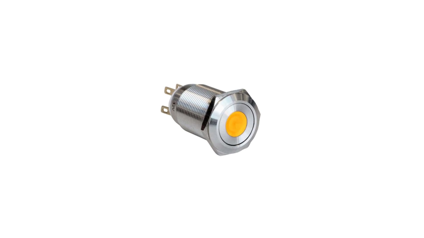 Bulgin MPI005 Series Illuminated Push Button Switch, Latching, Panel Mount, 19.2mm Cutout, SPST, Amber LED, 12V, IP65