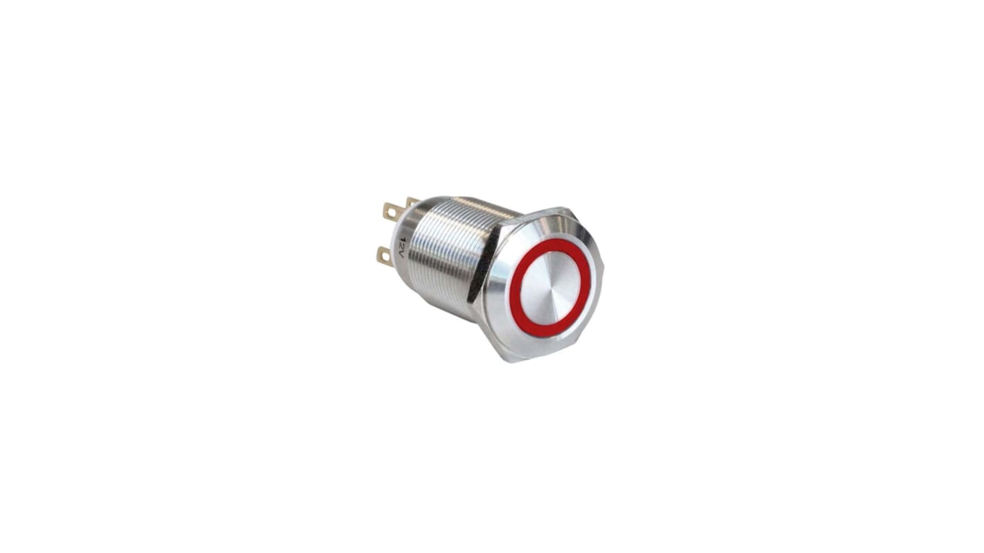 Bouton-poussoir série MPI005, Verrouillable lumineux, LED Rouge, 1NO, Montage panneau 12V c.c.