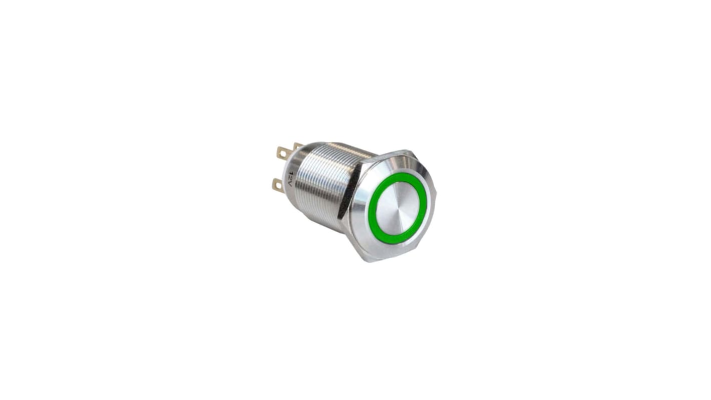 Bulgin MPI005 Series Illuminated Push Button Switch, Latching, Panel Mount, 19.2mm Cutout, SPST, Green LED, 12V, IP65