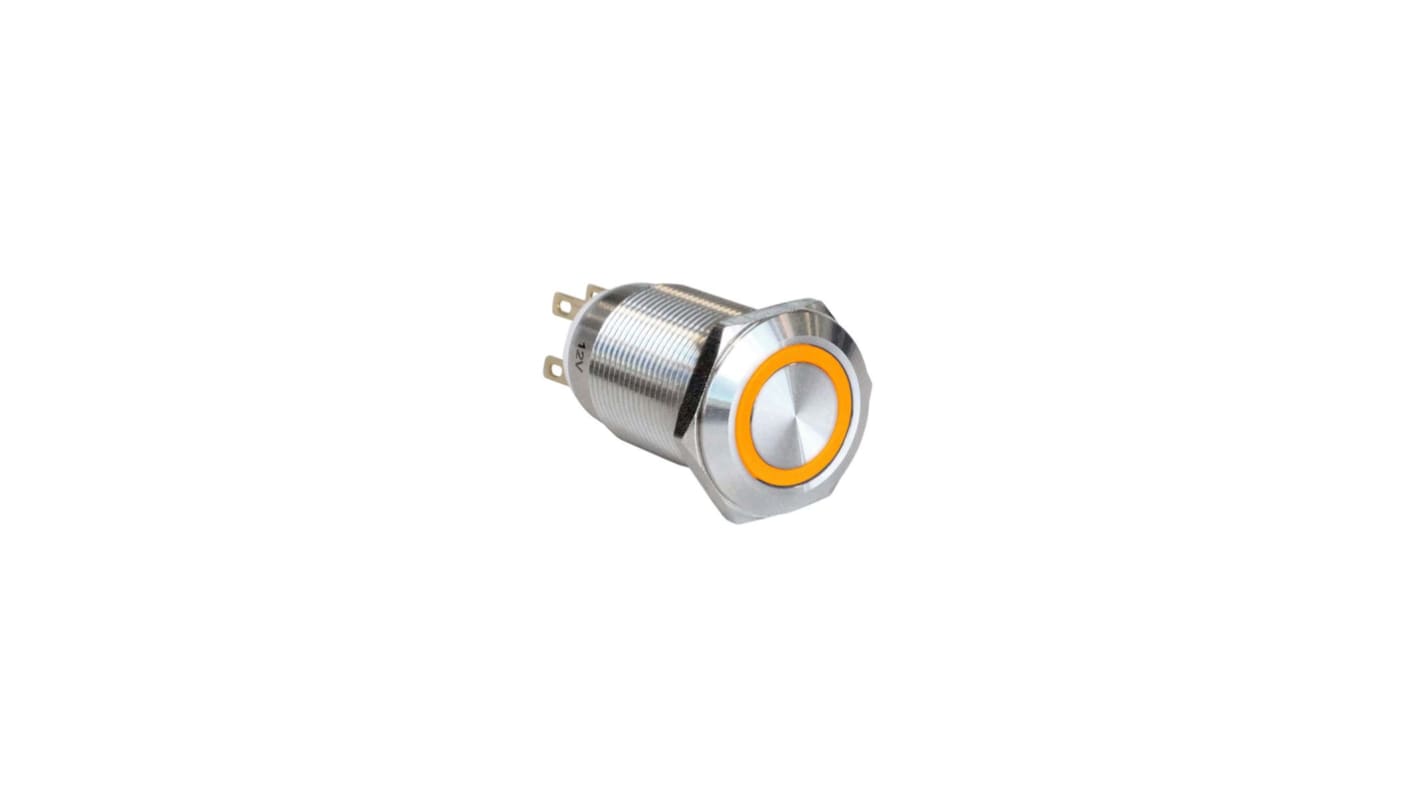 Bulgin MPI005 Series Illuminated Push Button Switch, Latching, Panel Mount, 19.2mm Cutout, SPST, Amber LED, 12V, IP65