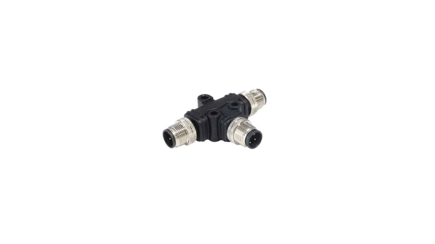 Bulgin Tee Male Pole M12 Plug to 4 Pole M12 Plug Adapter