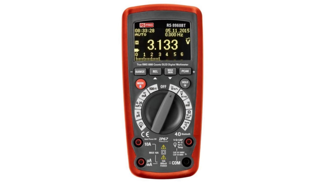 RS PRO RS-9968BT Handheld Digital Multimeter, True RMS, 10A ac Max, 10A dc Max, 1000V ac Max