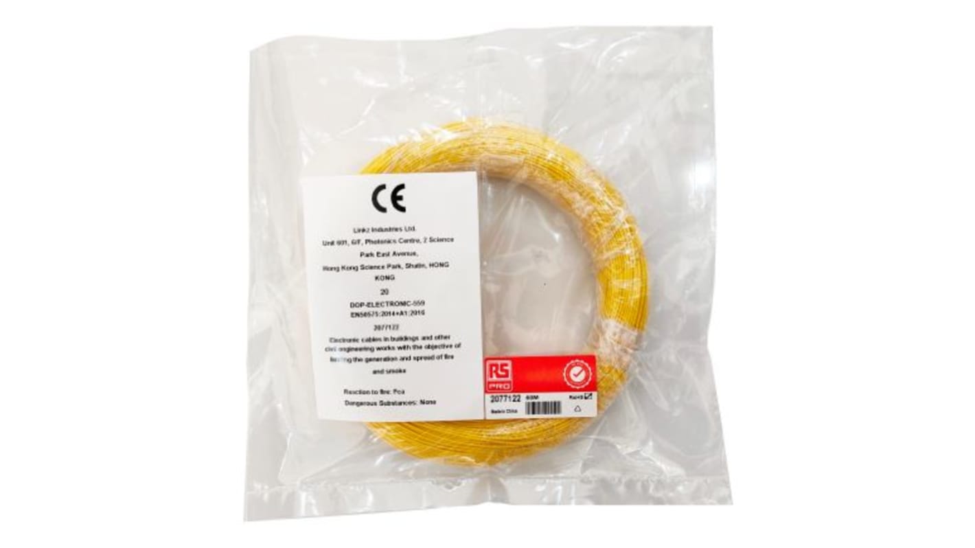 RS PRO Yellow 0.2 mm² Hook Up Wire, 24 AWG, 1/0.51 mm, 50m, ETFE Insulation