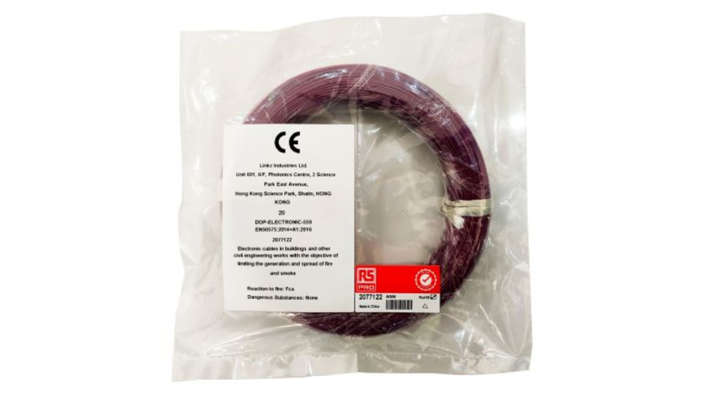 RS PRO Purple 0.2 mm² Hook Up Wire, 24 AWG, 1/0.51 mm, 50m, ETFE Insulation