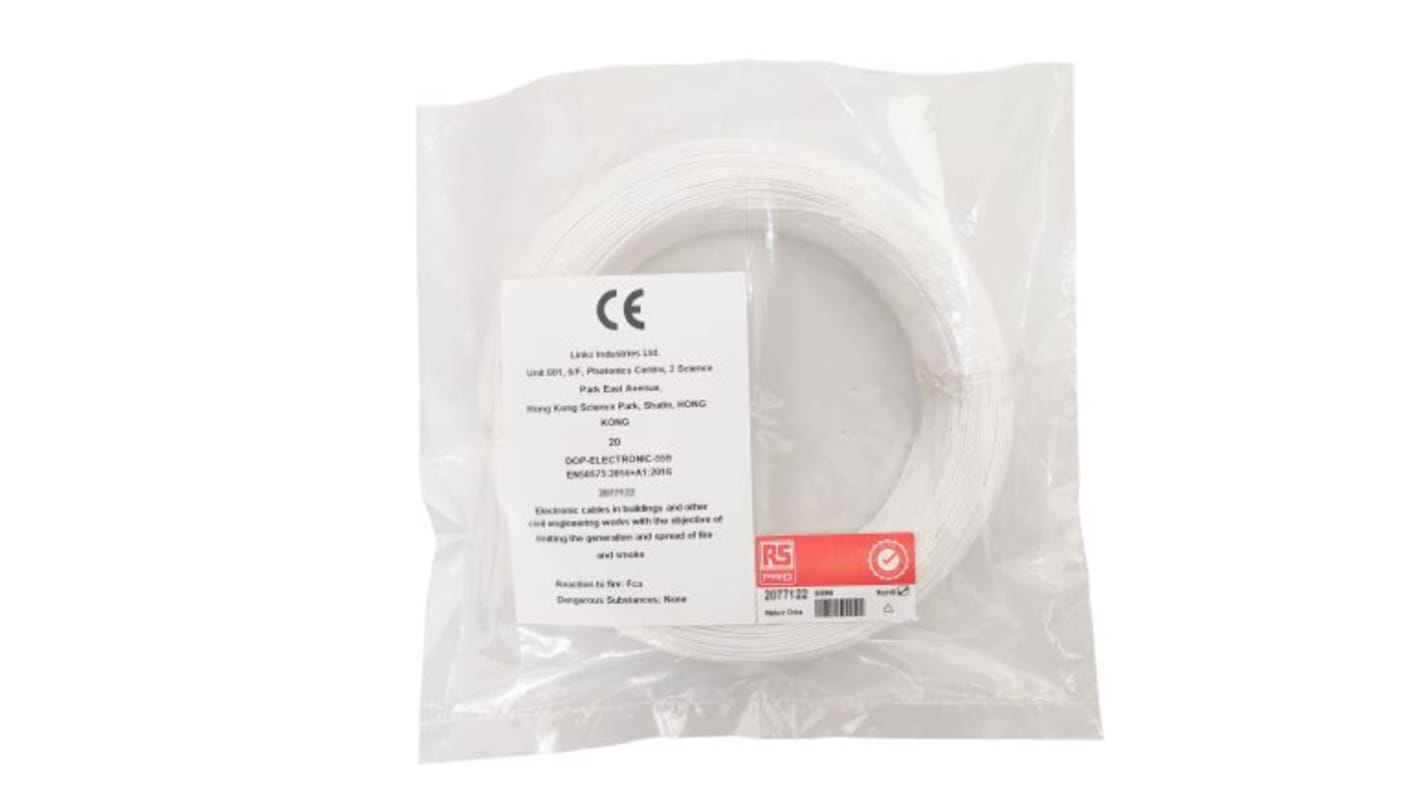 Cable de conexión RS PRO, área transversal 0,12 mm² Filamentos del Núcleo 1/0,40 mm Blanco, 300 V, long. 50m, 26 AWG