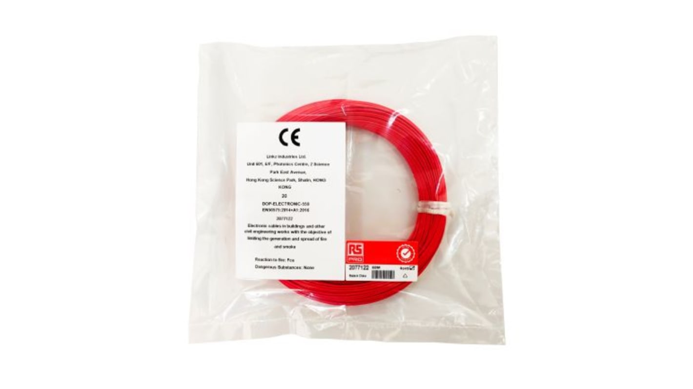 RS PRO Red 0.12 mm² Hook Up Wire, 26 AWG, 1/0.40 mm, 50m, ETFE Insulation