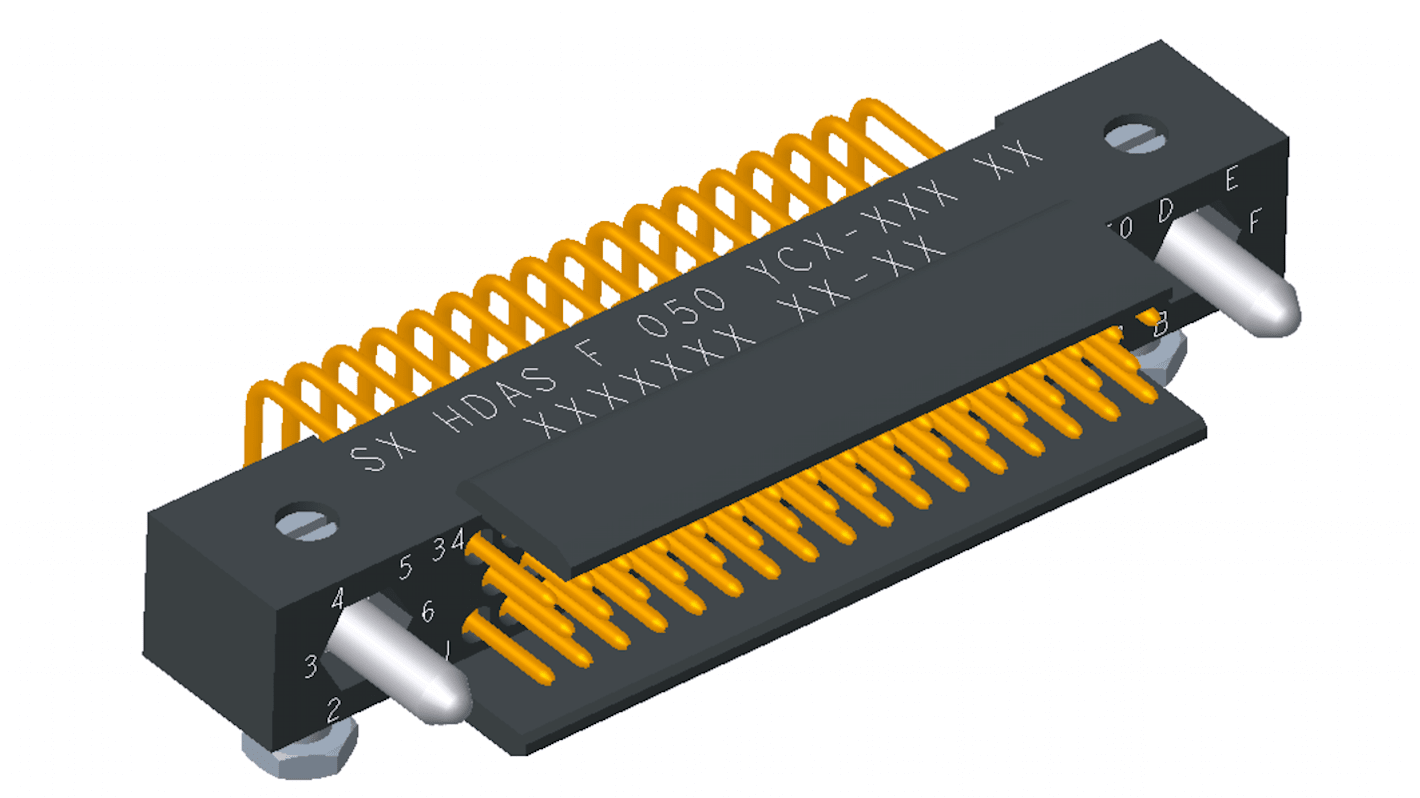 Conector macho para PCB Ángulo de 90° Amphenol Socapex serie HDAS de 50 vías, 3 filas, paso 1.905mm, para soldar,