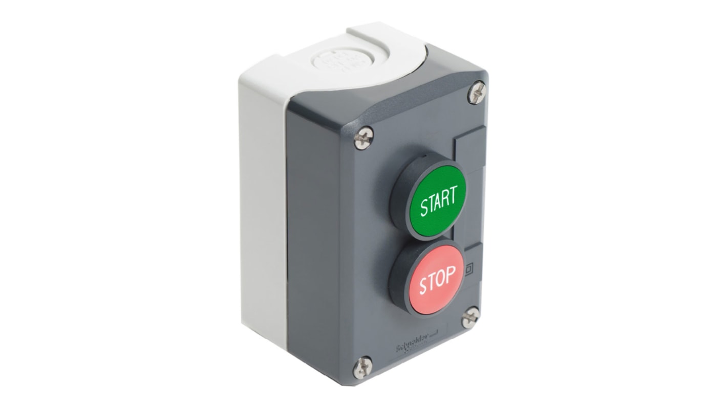 Schneider Electric Push Button Control Station - 1NO/1NC, Polycarbonate, 2 Cutouts, Red/Green, START/STOP, IP66