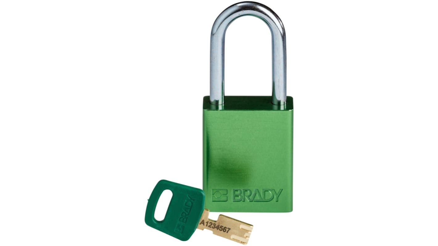 Lucchetto con chiave Brady per uso interno ed esterno, in Alluminio, anello da 6.4mm, L. 33mm, col Verde