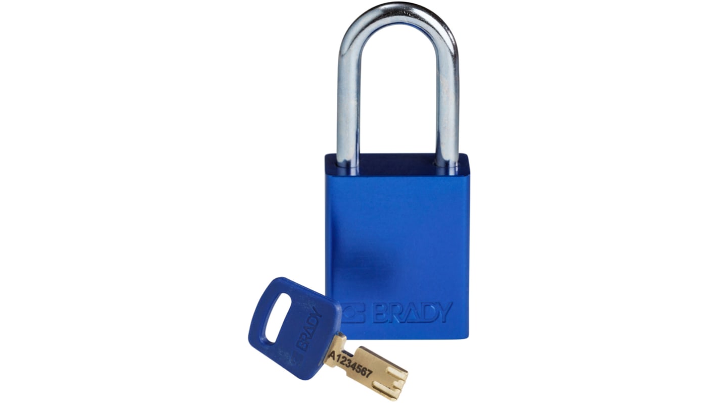 Lucchetto con chiave Brady per uso interno ed esterno, in Alluminio, anello da 6.4mm, L. 33mm, col Blu