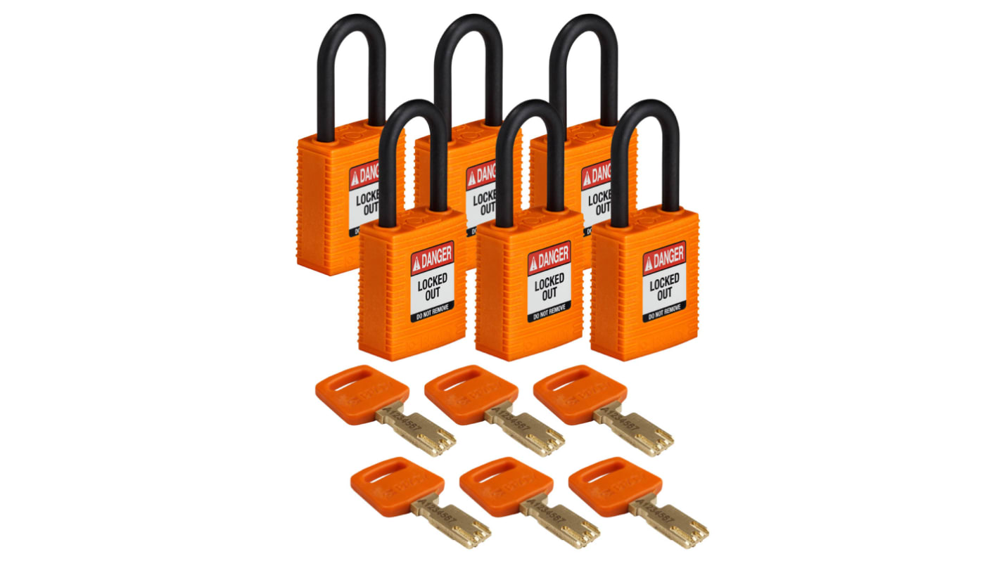 Brady Nylon Vorhängeschloss mit Schlüssel Orange, Bügel-Ø 6.4mm x 33mm