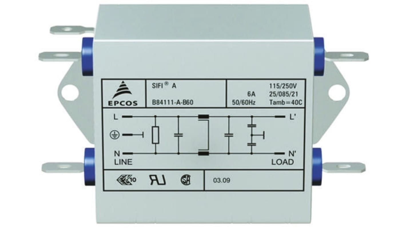 EPCOS B84111A Series 3A 250 V ac 60Hz Flange Mount RFI Filter, with Tab Terminals, Single Phase