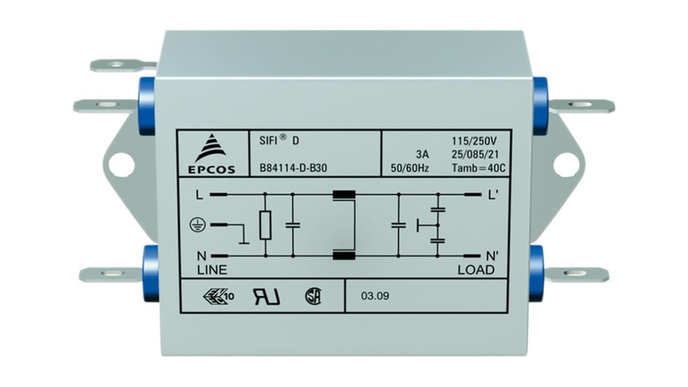 EPCOS EMCフィルタ 単相 3A フランジマウント 0.47 x 2 μF, 4700 x 2pF 5.6 x 2 mH 0.369 mA Single Stage