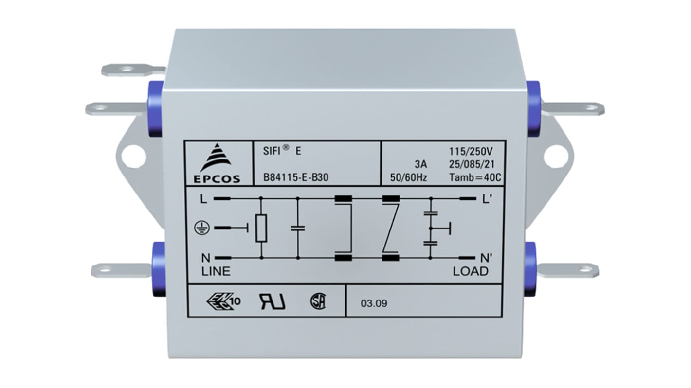 EPCOS, B84115E 10A 250 V ac/dc 60Hz, Flange Mount EMC Filter, Tab, Single Phase