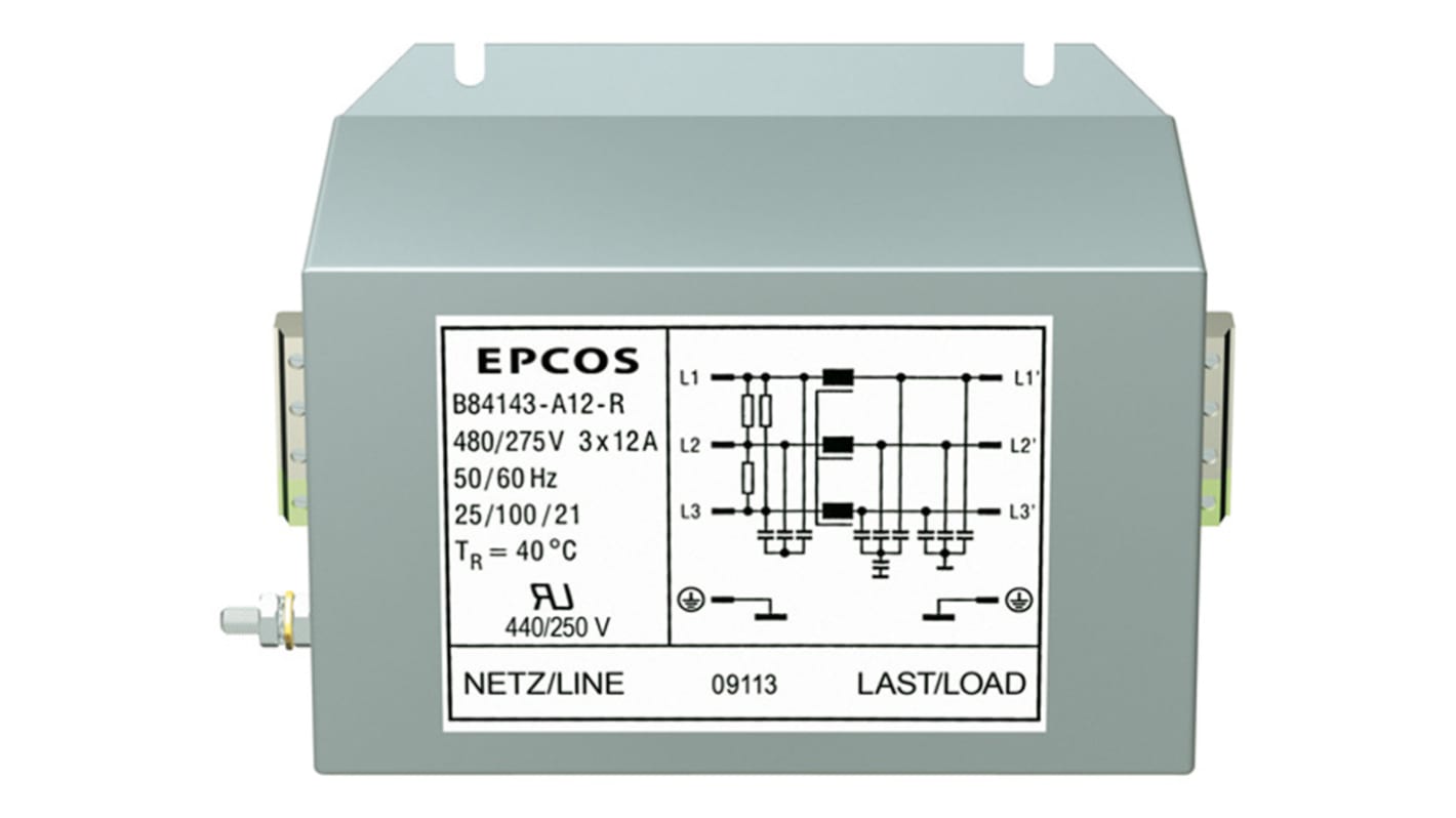 EPCOS EMC-szűrő 12A, 440 V AC, 50 → 60Hz, Karimával szerelhető, lezárás: Csavar 0,224 mA, B84143A*R000 sorozat