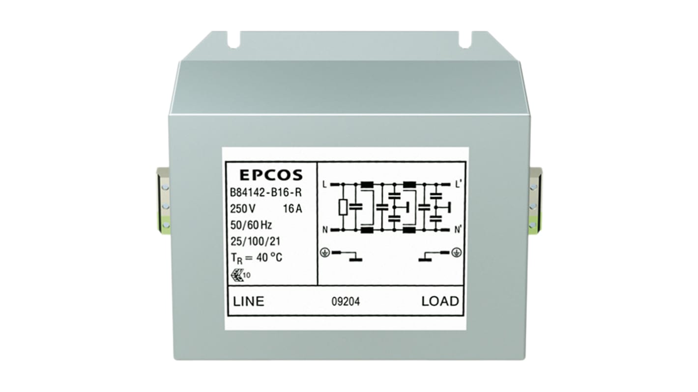Filtro EMC EPCOS, 8A, 250 V AC / DC, 60Hz, Montaje Roscado, con terminales Bloque Terminal 2,77 mA, Serie B84142B*R000,