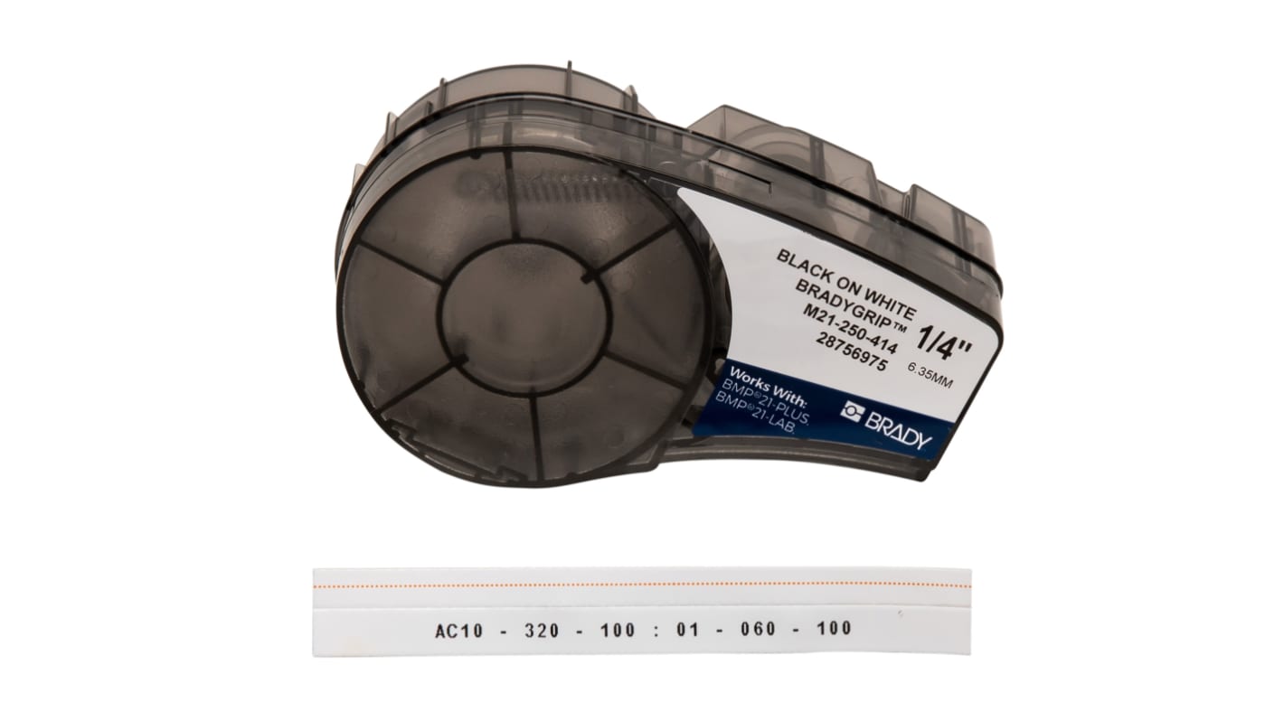 Brady B-414 BradyGrip Black on White Label Printer Tape, 3.048 m Length, 6.35 mm Width