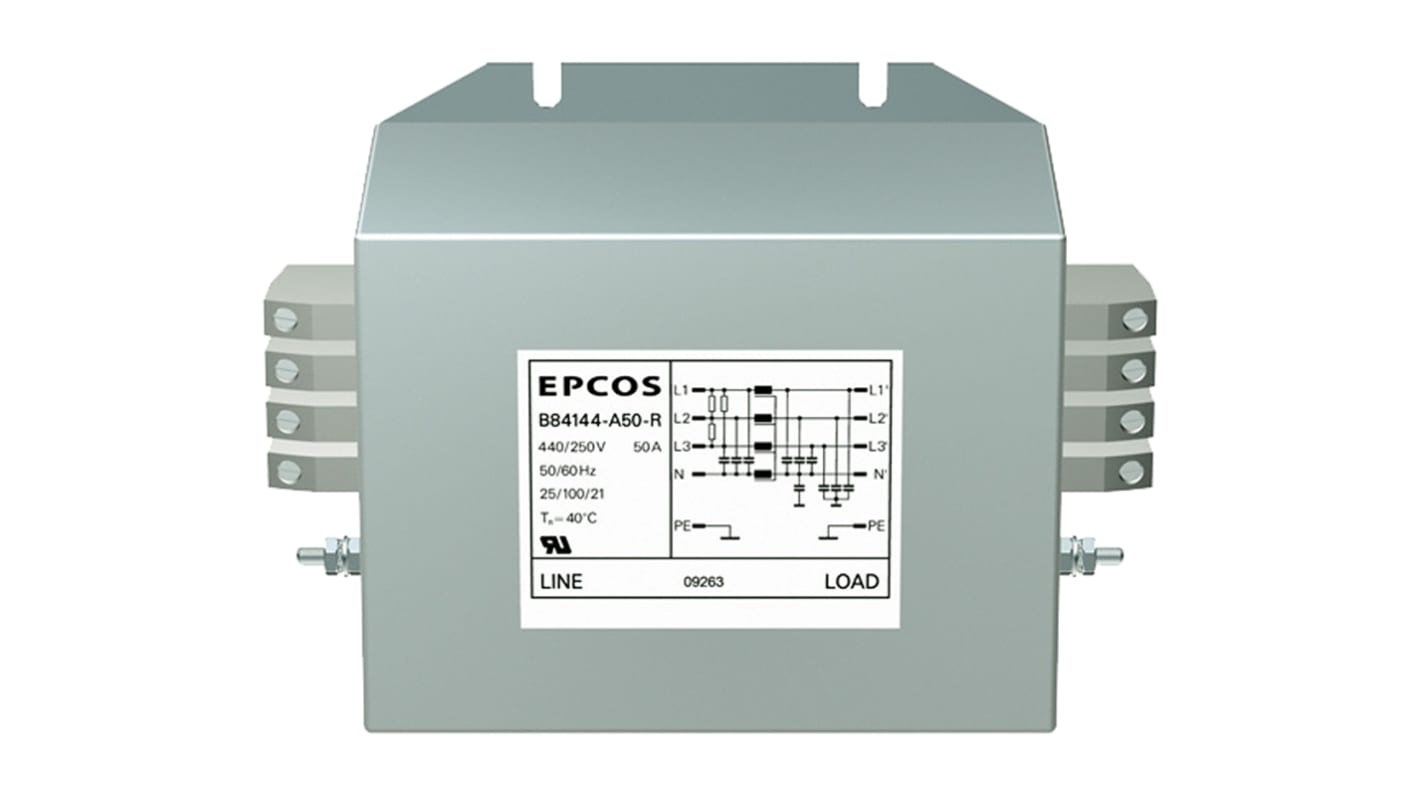 EPCOS EMC-szűrő 16A, 250/440 V AC, 50 → 60Hz, Karimával szerelhető, lezárás: Fül 1,11 mA, B84144A*R000 sorozat