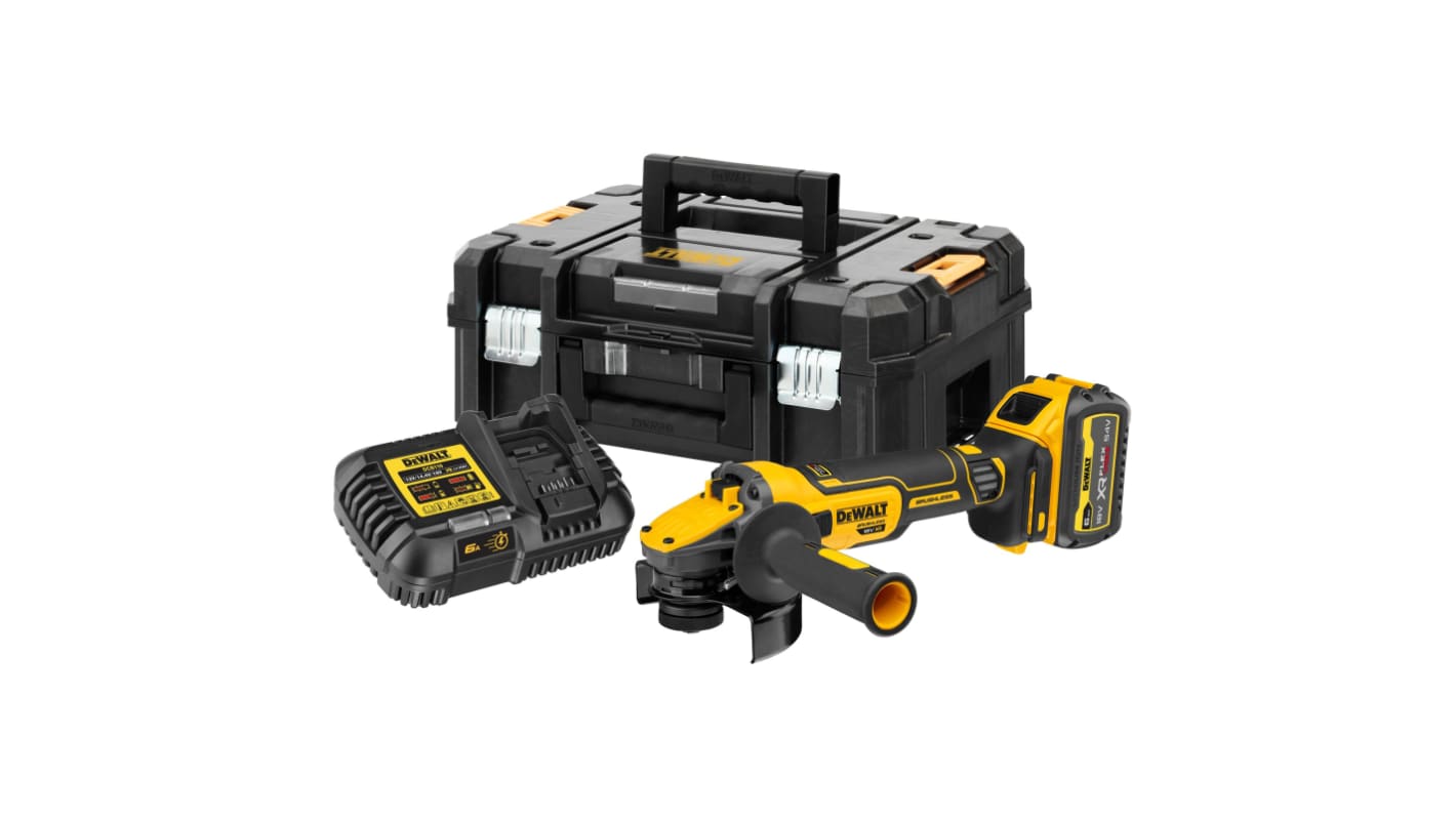 Amoladora angular DeWALT DCG409T1-GB a batería de 18V 1.6kW, diámetro de disco 125mm, 9000rpm, conector UK