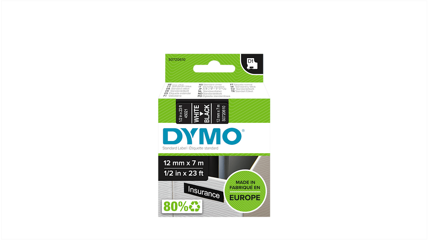 Dymo White on Black Label Printer Tape, 7 m Length, 12 mm Width