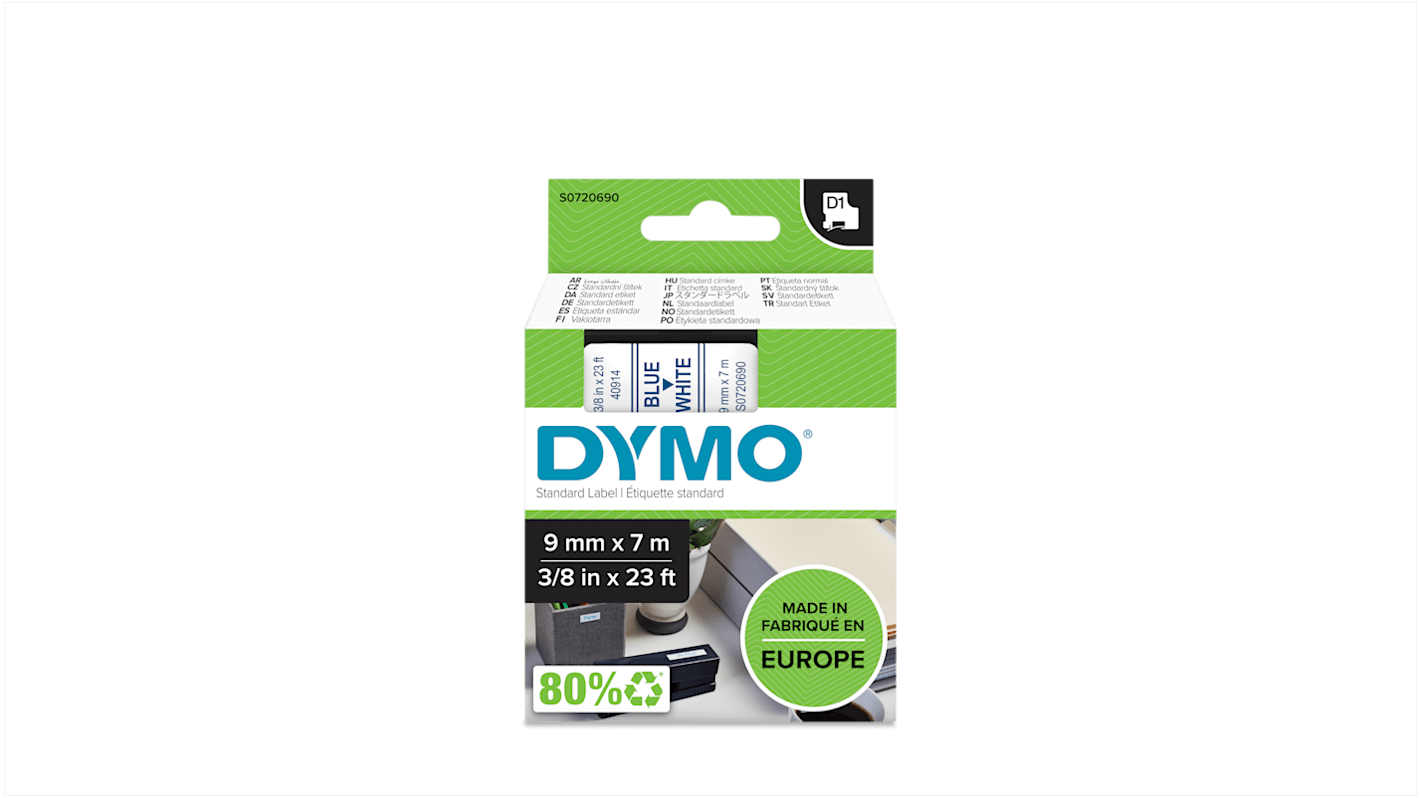 Dymo Blue on White Label Printer Tape, 7 m Length, 9 mm Width