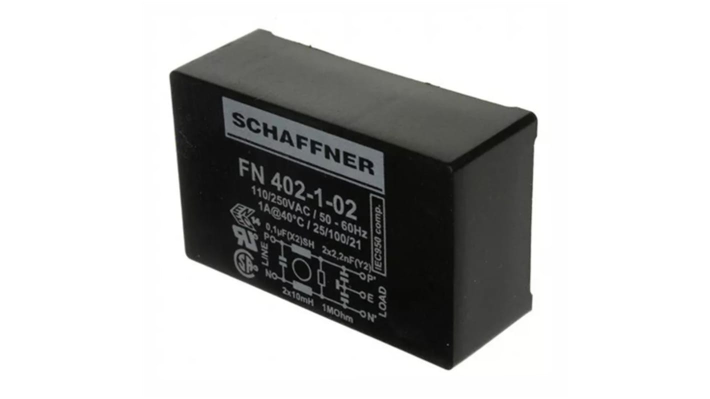 Filtro EMI Schaffner 2.2nF, 1A, 250 Vac, 400Hz 10 mH, Montaje en PCB, con terminales Pin 0,373 mA, Serie FN402, 1 fase