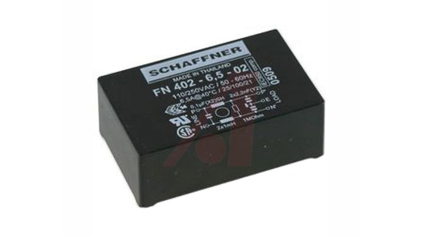 Filtro EMI Schaffner 2.2nF, 6.5A, 250 Vac, 400Hz 1 mH, Montaje en PCB, con terminales Pin 0,373 mA, Serie FN402, 1 fase