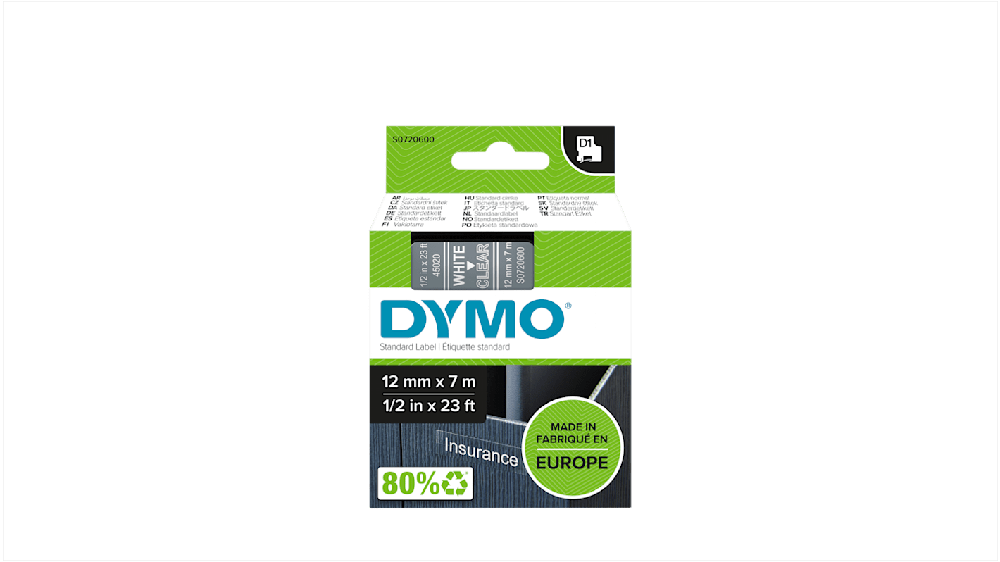 S0720600 Dymo White on Clear Label Printer Tape, 7 m Length, 12 mm