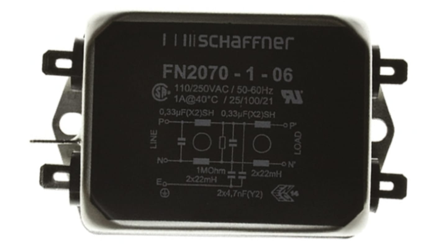 Schaffner FN2070 EMV-Filter, 250 V AC/DC, 1A, Gehäusemontage 2.4W, Flachstecker, 1-phasig 0,734 mA / 400Hz Two Stage