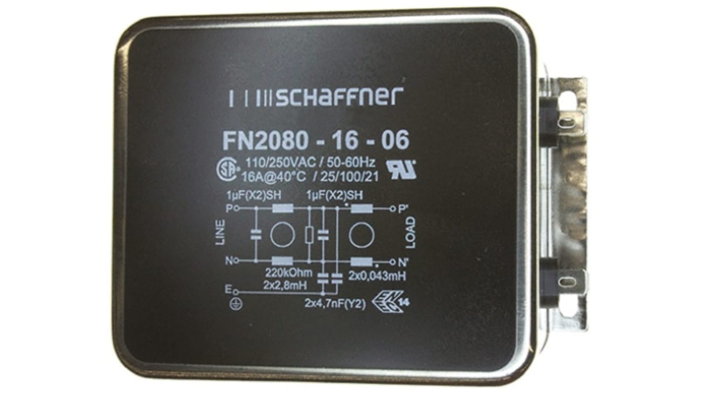 Schaffner EMIフィルタ 16A シャーシーマウント 1 μF, 4.7nF 2.8 mH, 43 μH 0.734 mA Two Stage 9W 220kΩ