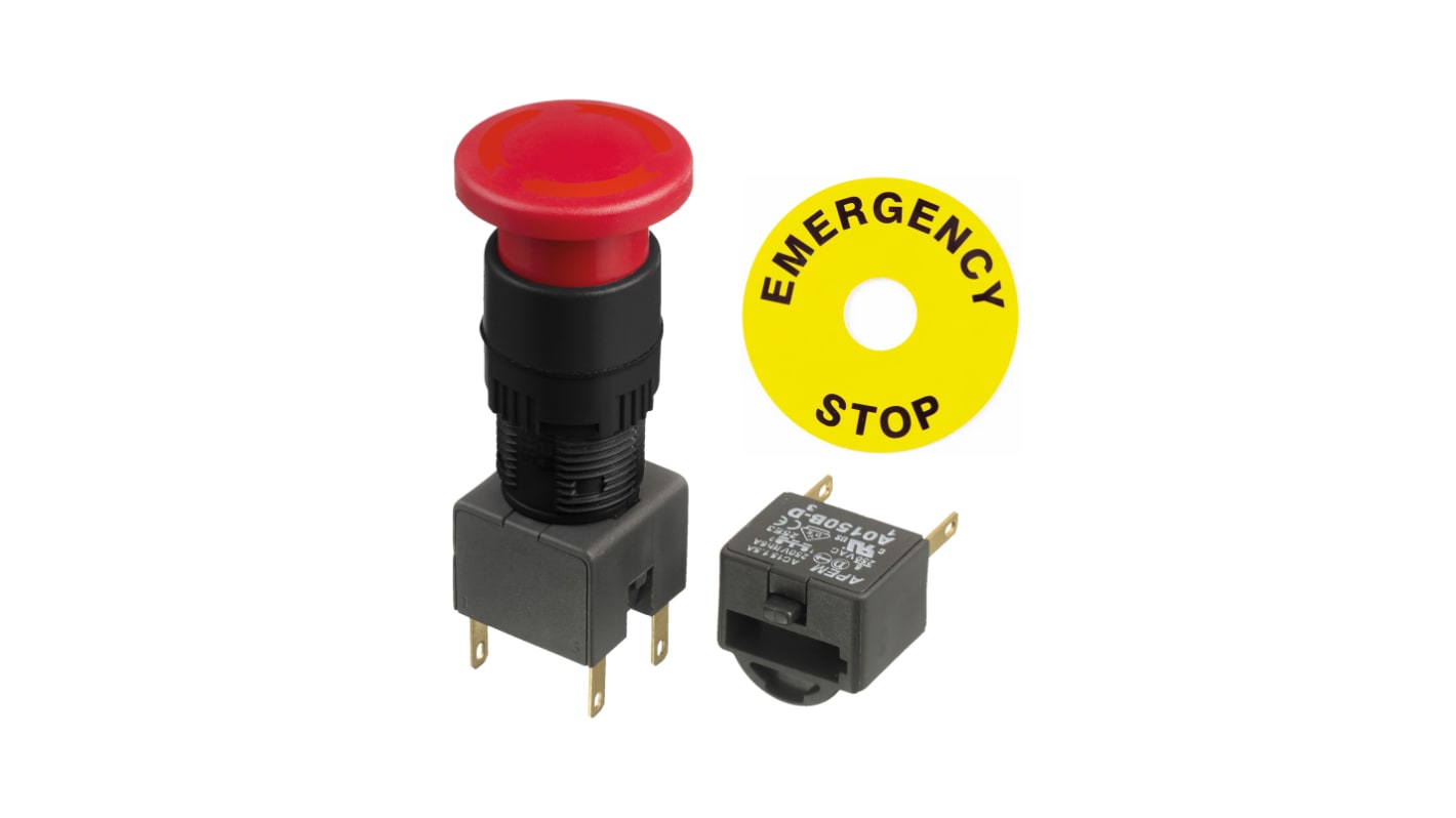 APEM A01ES Series Twist Release Emergency Stop Push Button, Panel Mount, 16mm Cutout, 2NC, IP65