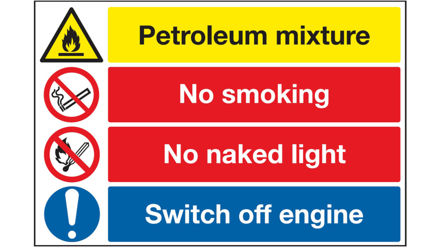 Tabulka nebezpečí a varování, PVC, Černá/červená/bílá/žlutá text: Petroleum mixture - No smoking - No naked light -