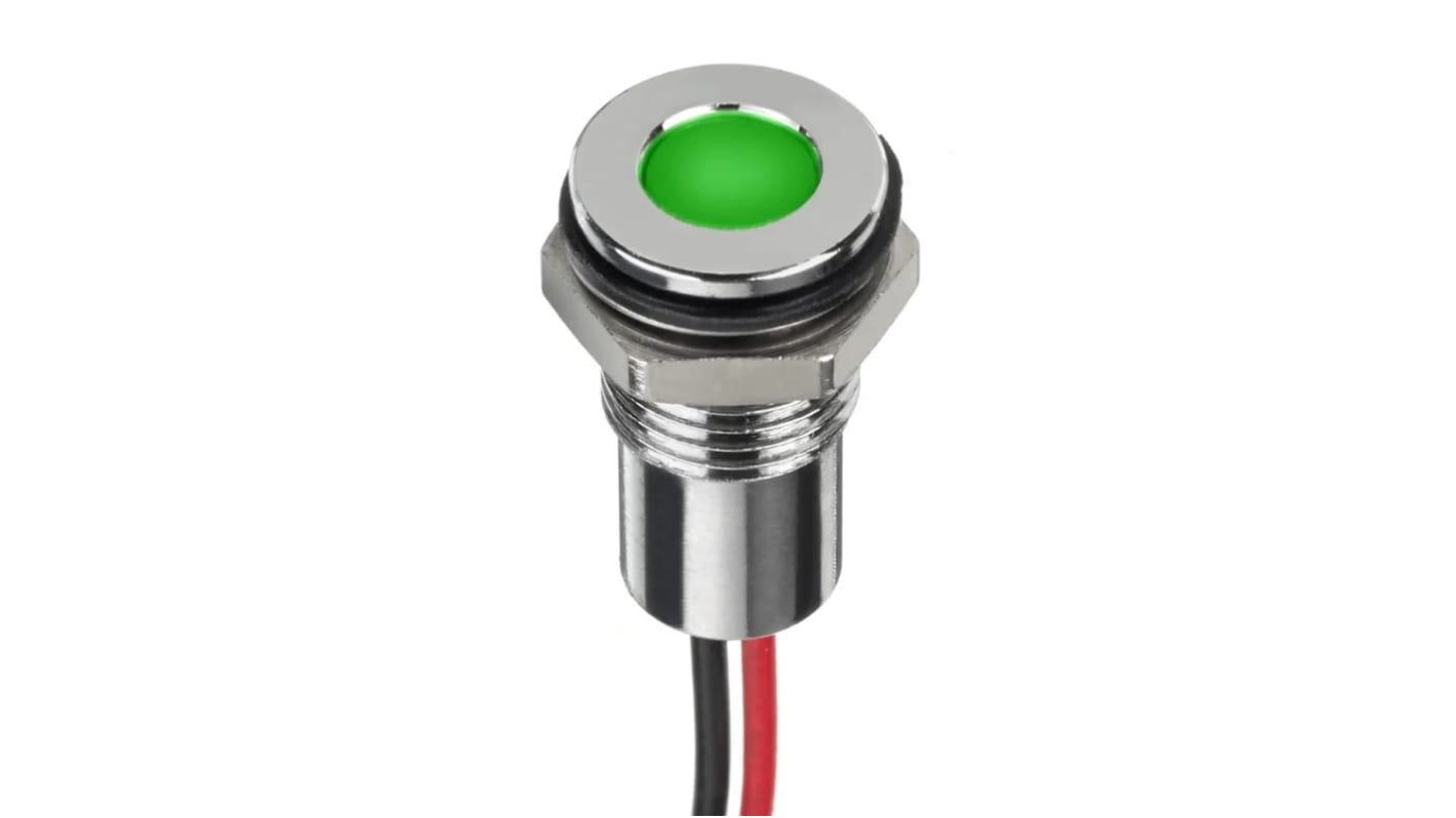 Indicador LED Circular RS PRO, Verde, lente enrasada, marco Cromo, Ø montaje 8mm, 1,8 → 3,3V dc, 20mA, 6mcd, IP67