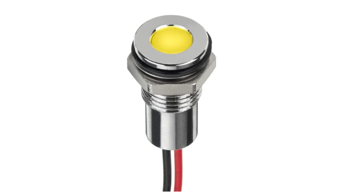 Indicador LED Circular RS PRO, Amarillo, lente enrasada, marco Cromo, Ø montaje 8mm, 1,8 → 3,3V dc, 20mA, 6mcd,