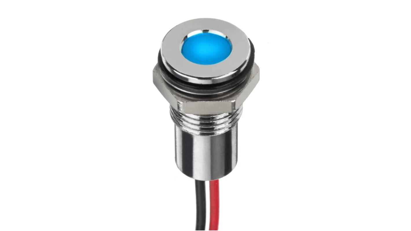 Indicador LED Circular RS PRO, Azul, lente enrasada, marco Cromo, Ø montaje 8mm, 2V, 20mA, 150mcd, IP67