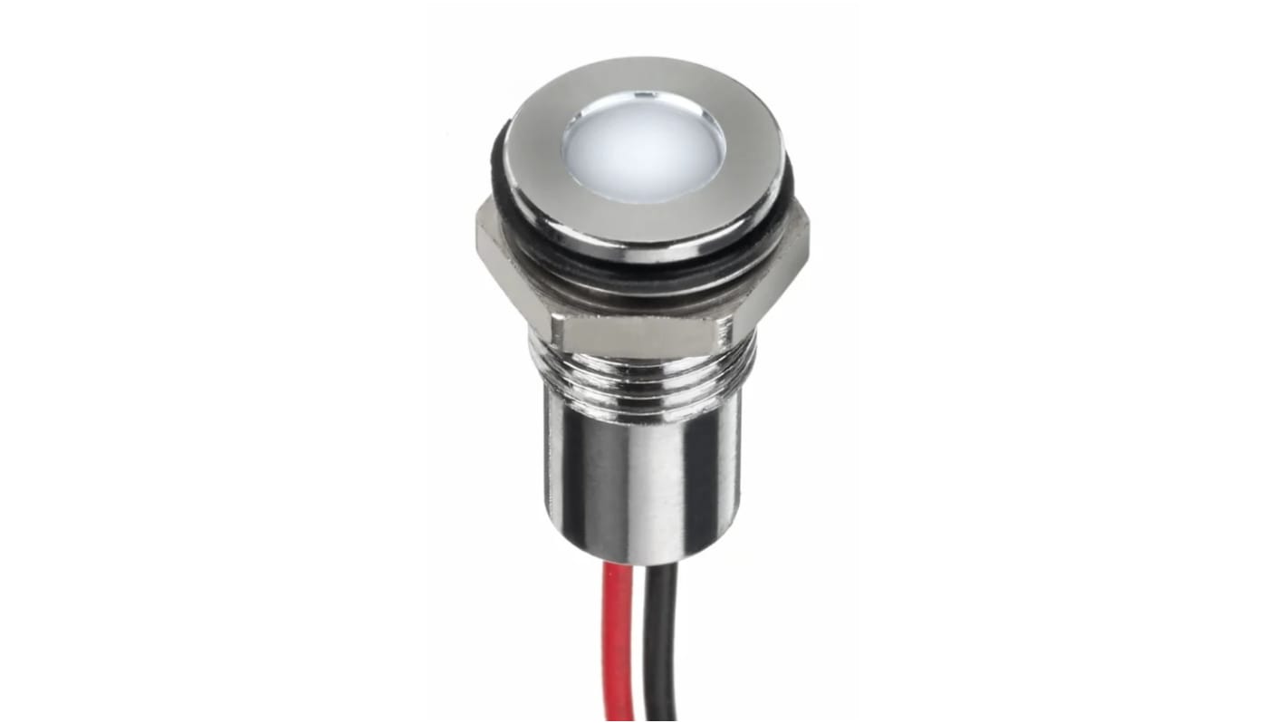 RS PRO White Panel Mount Indicator, 1,8 → 3,3V dc, 8mm Mounting Hole Size, Lead Wires Termination, IP67